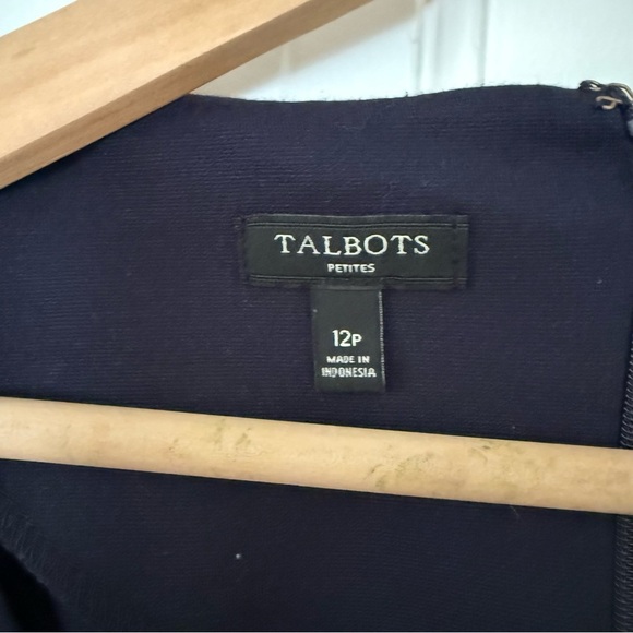 Talbots Size 12 Petite Navy Blue and white 3/4 Sleeve Knit Stretchy Sheath Dress - Picture 2 of 5
